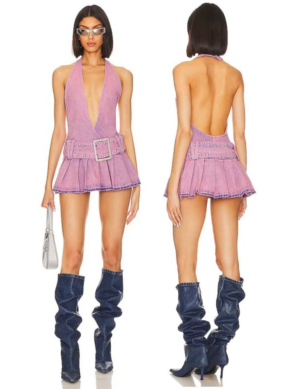 💥EDGY CHIC STUNNER!💥REVOLVE Jaded London Malibu Plunge Dress in Pink Denim